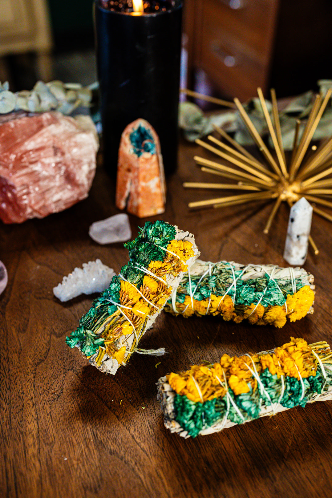 Turquoise and Yellow Sinuata with White Sage Bundle