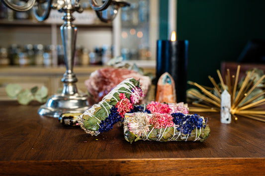 Purple Sinuata, Hot Pink Strawflower, Eucalyptus, and White Sage Bundle