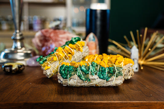 Turquoise and Yellow Sinuata with White Sage Bundle